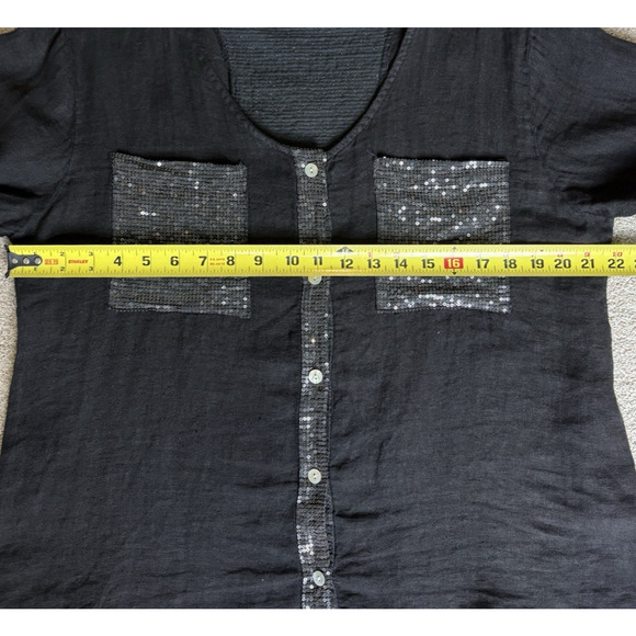 Black Linen Sequin Button Front Tunic Shirt Relaxed Sparkle Festive Goth Glam - Picture 8 of 10